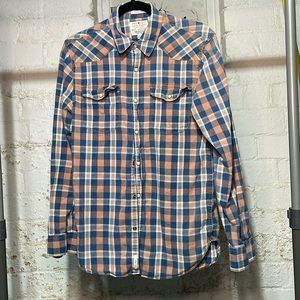 Lucky Brand Men's Blue and Tan Plaid Shirt